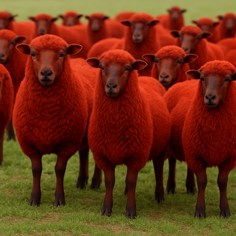 Red Sheep in Fredericksburg, Texas, showcasing their distinctive reddish-brown coats and impressive horns, ideal for exotic ranch experiences and hunting.