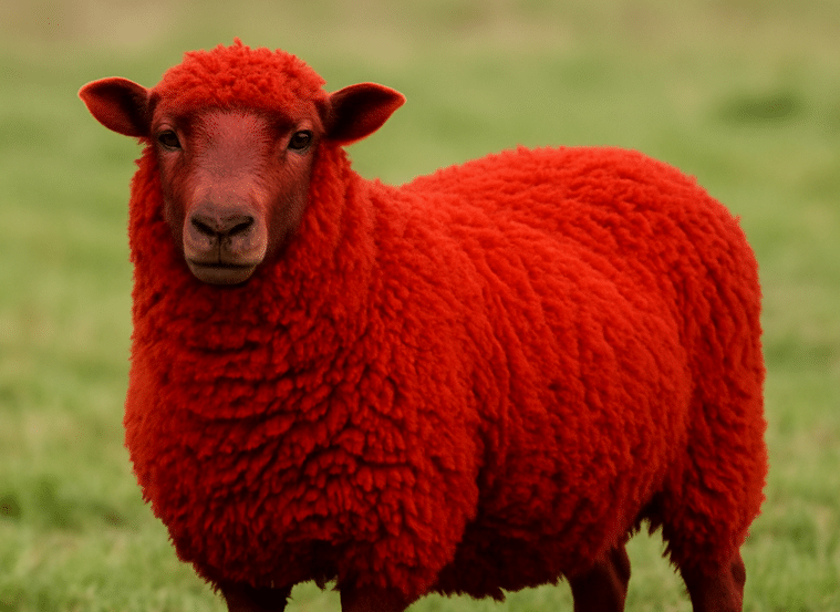Red Sheep with a vibrant reddish-brown coat, showcasing its unique hybrid characteristics, in a grassy field at Avery Ridge Ranch, Fredericksburg, Texas.