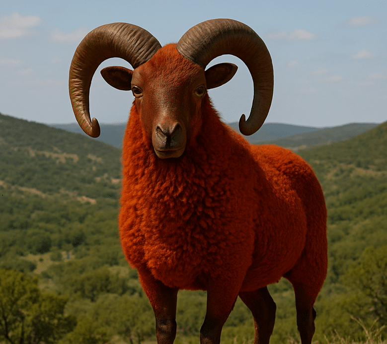 Red Sheep with reddish-brown coat and impressive curled horns in Texas Hill Country landscape, representing exotic animal for sale and petting zoo experiences at Avery Ridge Ranch.