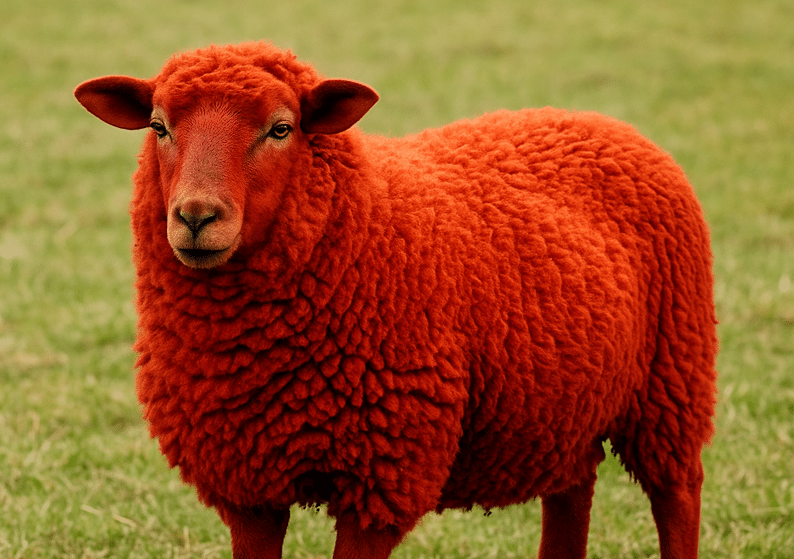 Red Sheep with vibrant wool in a grassy field, showcasing its unique appearance, relevant to petting zoo experiences and hunting opportunities at Avery Ridge Ranch in Fredericksburg, Texas.